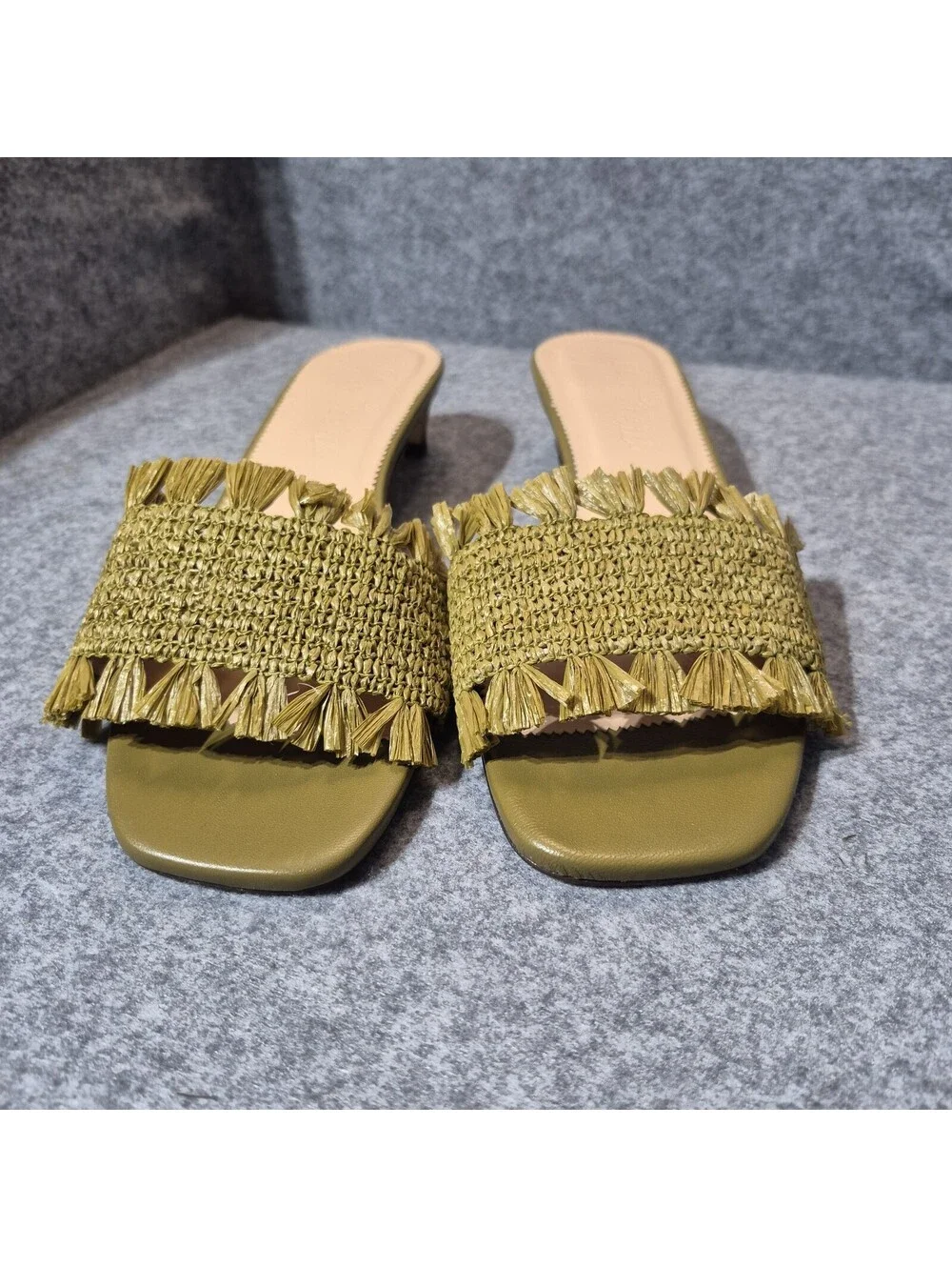J.Crew Lina Kitten Heels Sandals Woven Raffia Fringe Green Straw & Leather 11